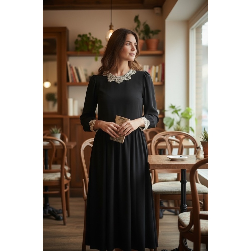 Vintage Sabrino Black Midi Church Dress Sz 12 Crochet Collar Cuff Waist Defined